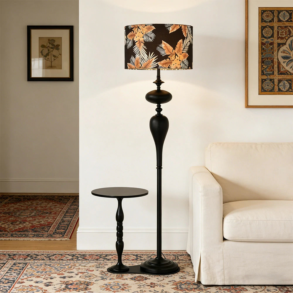 LIVARA Floor Lamp Three-Mode Lighting Beech Wood Tabletop Handwoven Fabric Shade Space-Saving Design