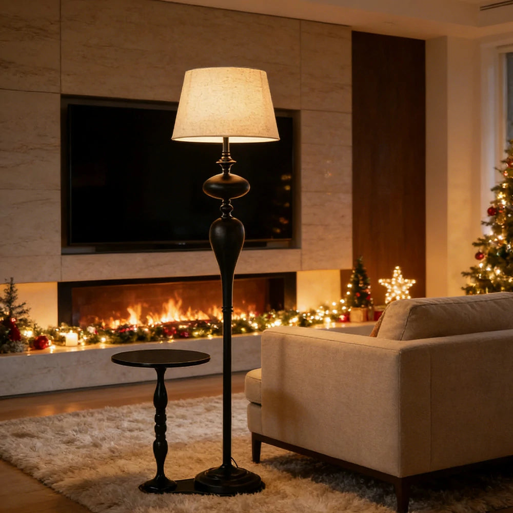 LIVARA Floor Lamp Soft Ambient Light Beech Wood Top Handwoven Fabric Shade Modern Home Style