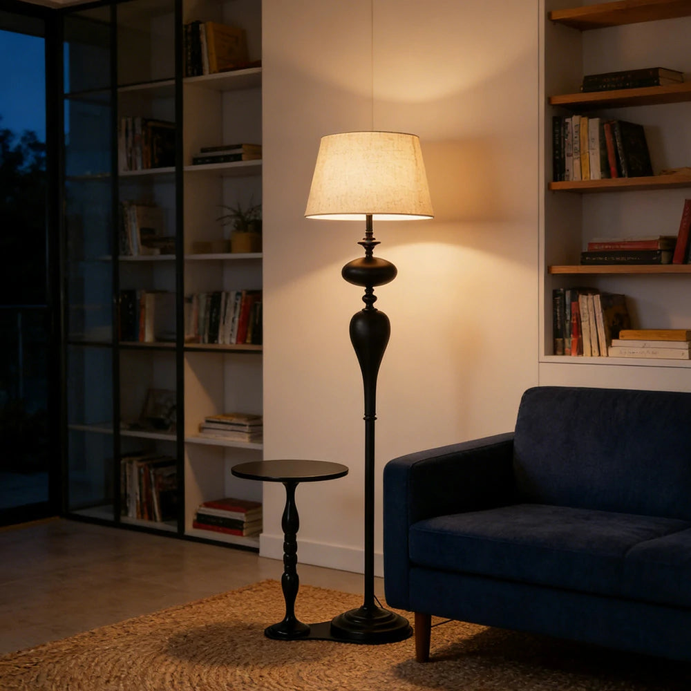 LIVARA Floor Lamp Soft Ambient Light Beech Wood Top Handwoven Fabric Shade Modern Home Style