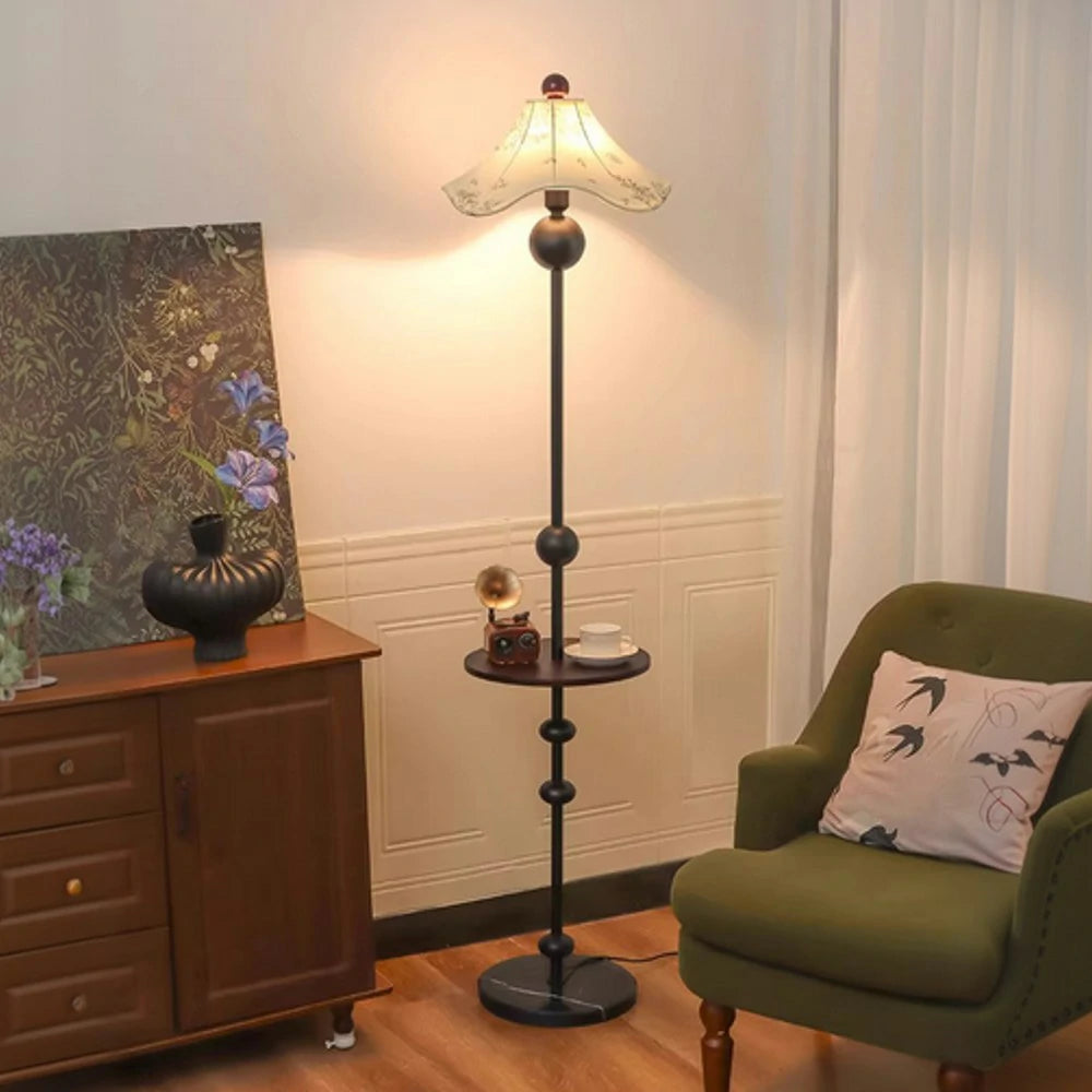 LIVARA Floor Lamp Soft Lighting Solid Wood Tabletop Printed Fabric Shade Marble Base Stable Design