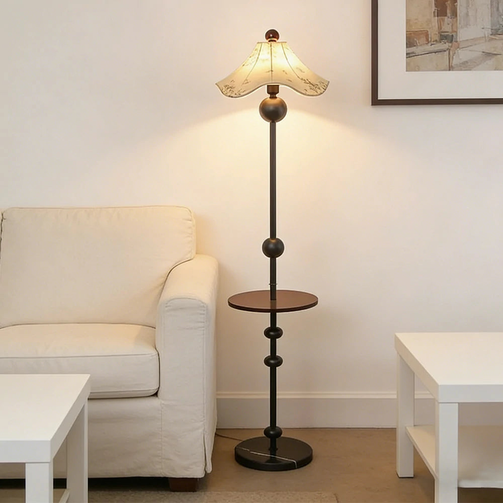 LIVARA Floor Lamp Soft Lighting Solid Wood Tabletop Printed Fabric Shade Marble Base Stable Design