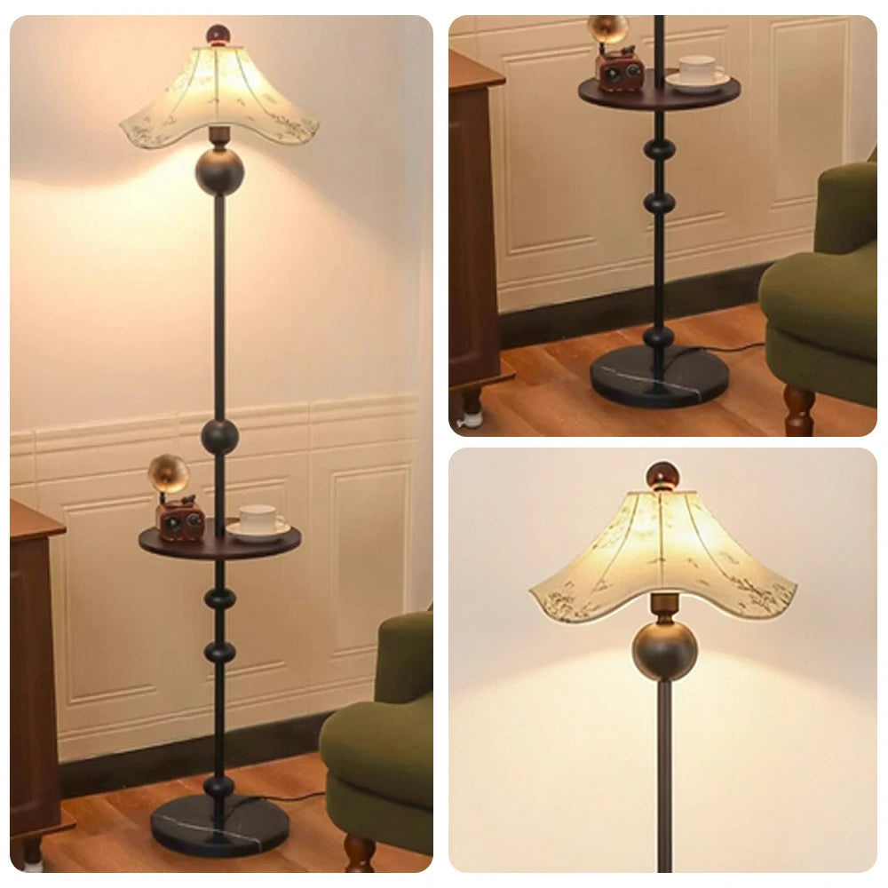 LIVARA Floor Lamp Soft Lighting Solid Wood Tabletop Printed Fabric Shade Marble Base Stable Design