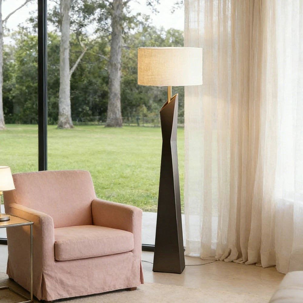 LIVARA Modern Floor Lamp Soft Ambient Light Cylindrical Linen Shade Resin Frame Elegant Style - Black