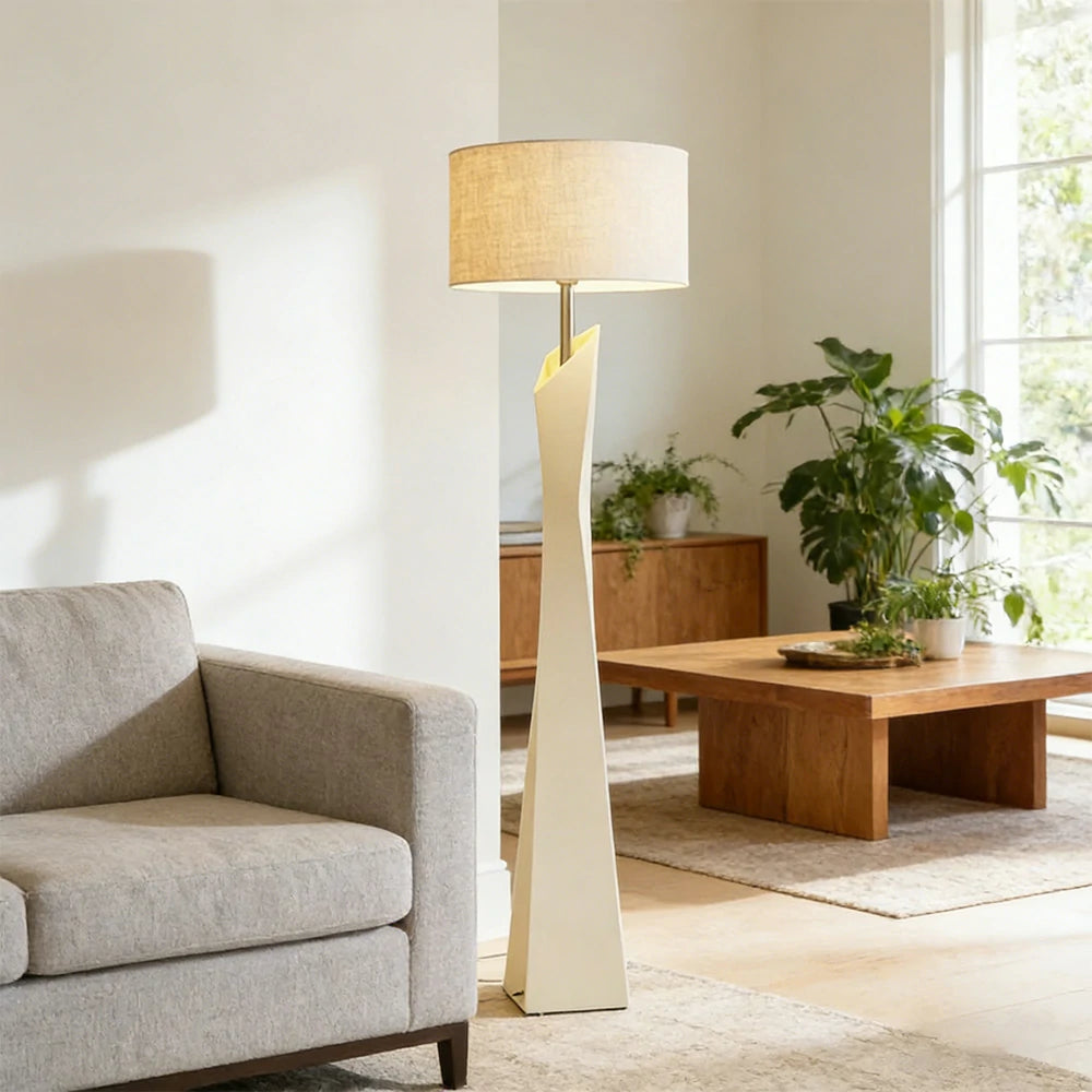 LIVARA Modern Floor Lamp Soft Ambient Light Cylindrical Linen Shade Resin Frame Elegant Style - White