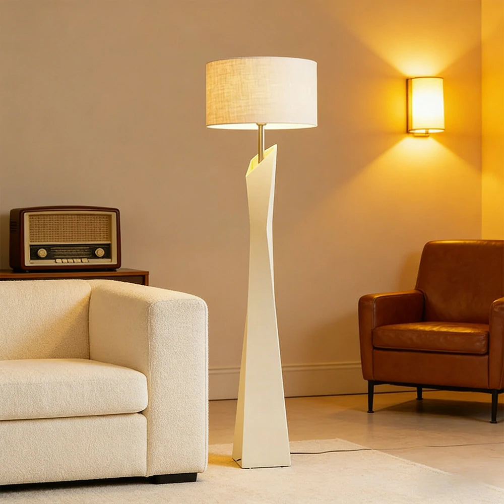 LIVARA Modern Floor Lamp Soft Ambient Light Cylindrical Linen Shade Resin Frame Elegant Style - White