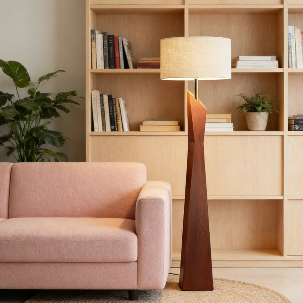LIVARA Modern Floor Lamp Soft Ambient Light Cylindrical Linen Shade Resin Frame Elegant Style - Walnut