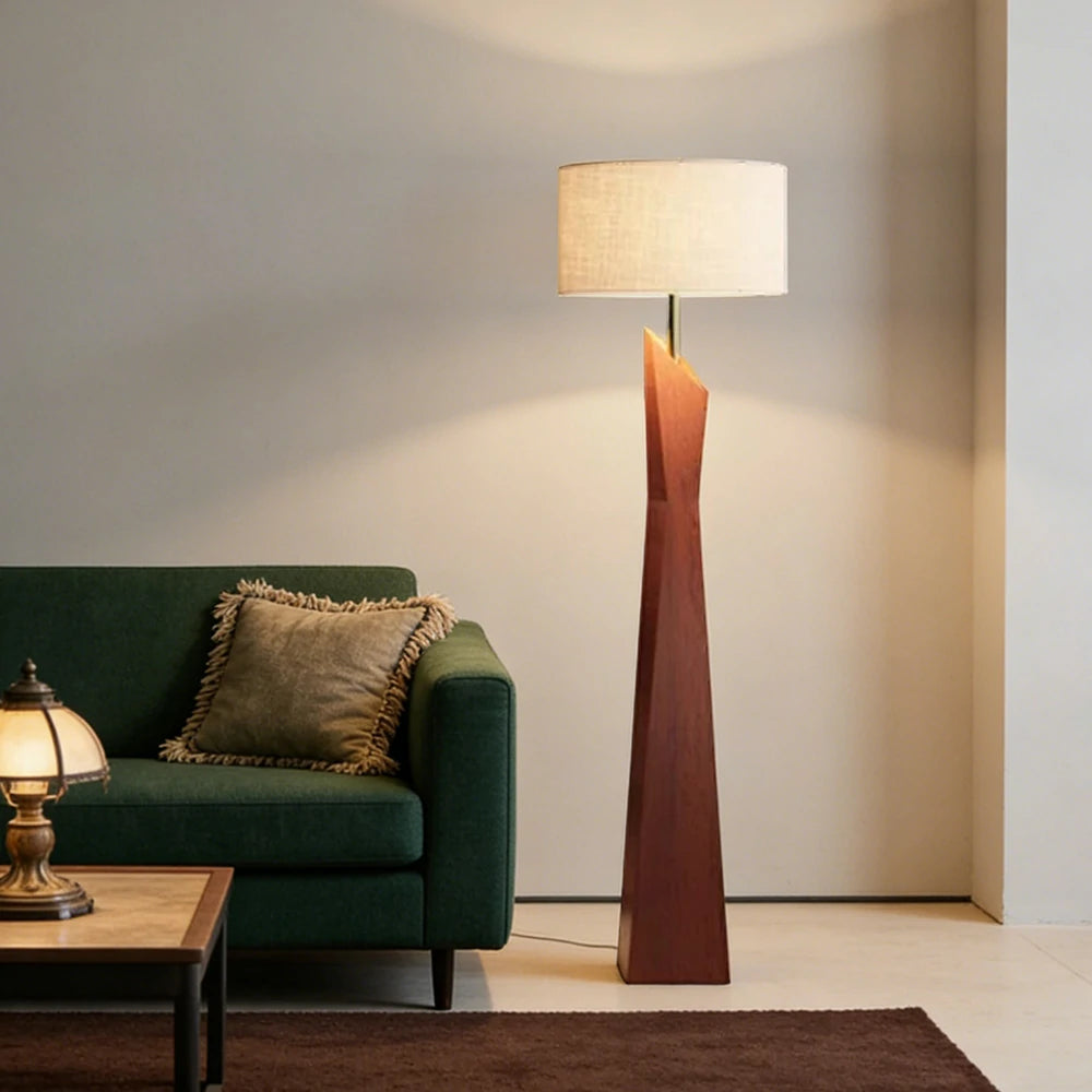 LIVARA Modern Floor Lamp Soft Ambient Light Cylindrical Linen Shade Resin Frame Elegant Style - Walnut