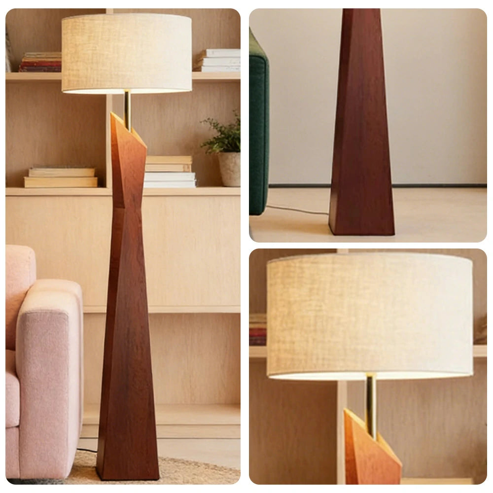 LIVARA Modern Floor Lamp Soft Ambient Light Cylindrical Linen Shade Resin Frame Elegant Style - Walnut