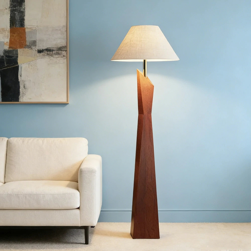 LIVARA Modern Floor Lamp Soft Ambient Light Hat-Style Linen Shade Resin Frame Elegant Style - Walnut