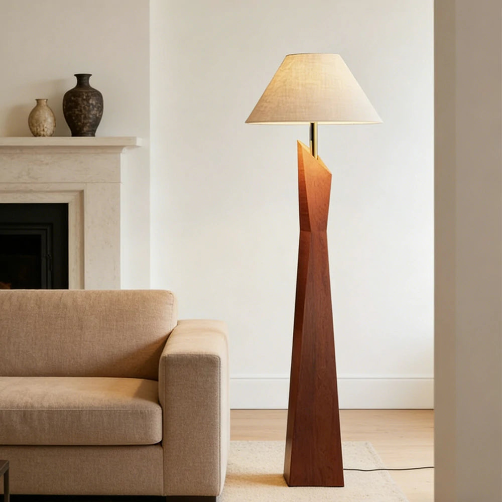 LIVARA Modern Floor Lamp Soft Ambient Light Hat-Style Linen Shade Resin Frame Elegant Style - Walnut