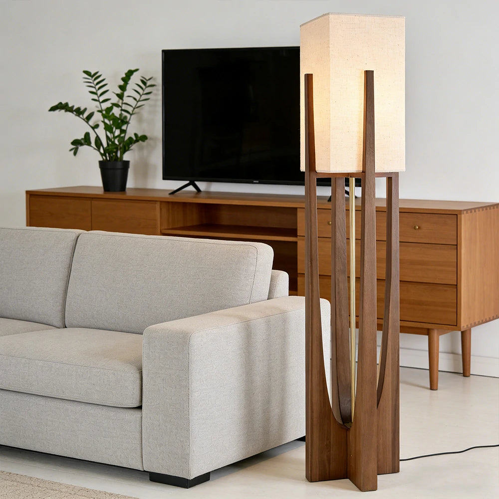 LIVARA Floor Lamp 52/82/145cm Soft Lighting Cotton-Linen Shade Ash Wood Body Brass Hardware Premium Design - Walnut