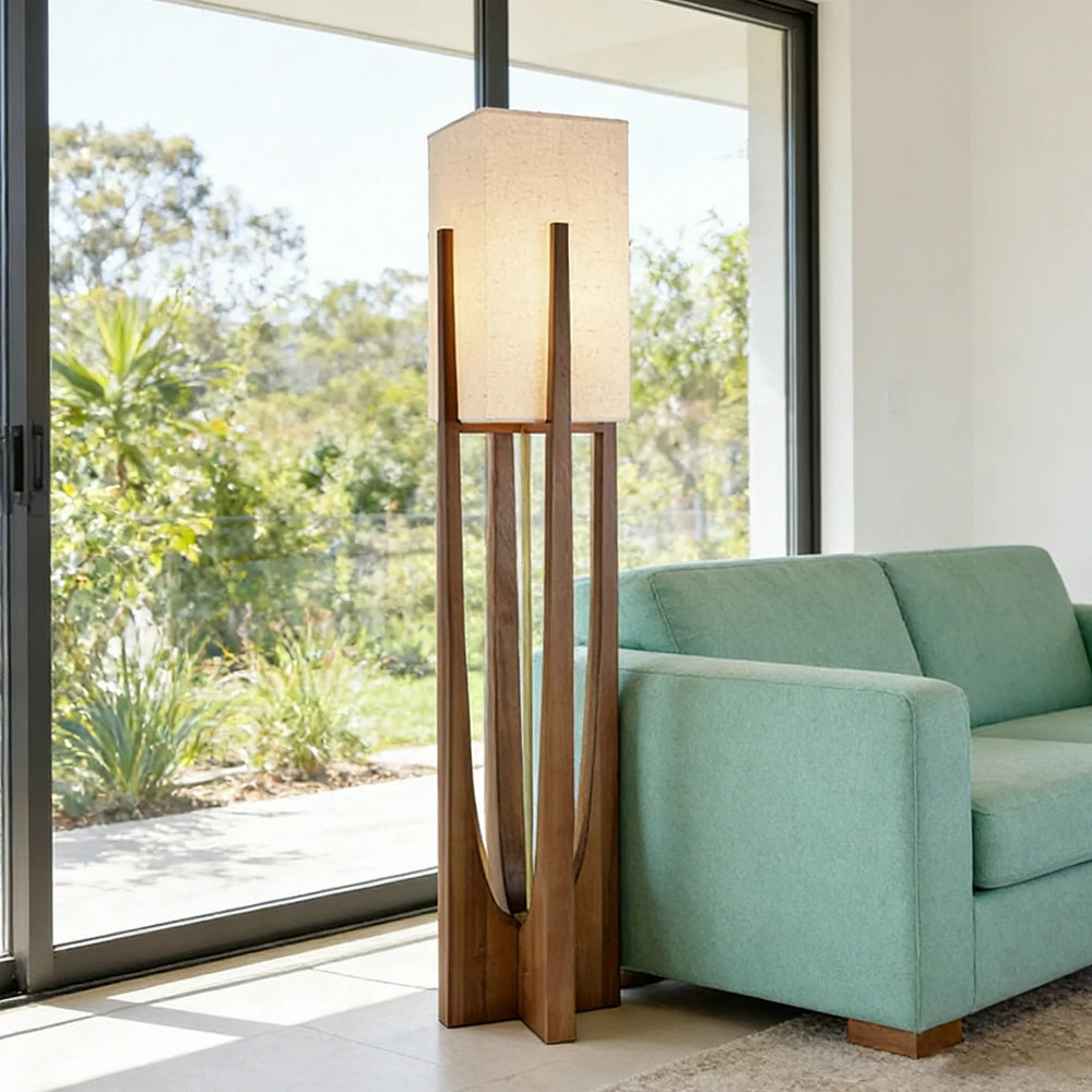 LIVARA Floor Lamp 52/82/145cm Soft Lighting Cotton-Linen Shade Ash Wood Body Brass Hardware Premium Design - Walnut