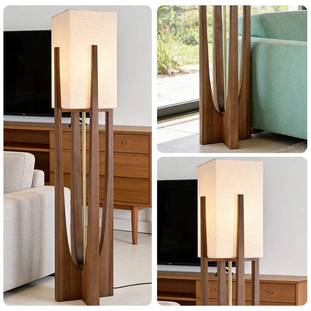 LIVARA Floor Lamp 52/82/145cm Soft Lighting Cotton-Linen Shade Ash Wood Body Brass Hardware Premium Design - Walnut