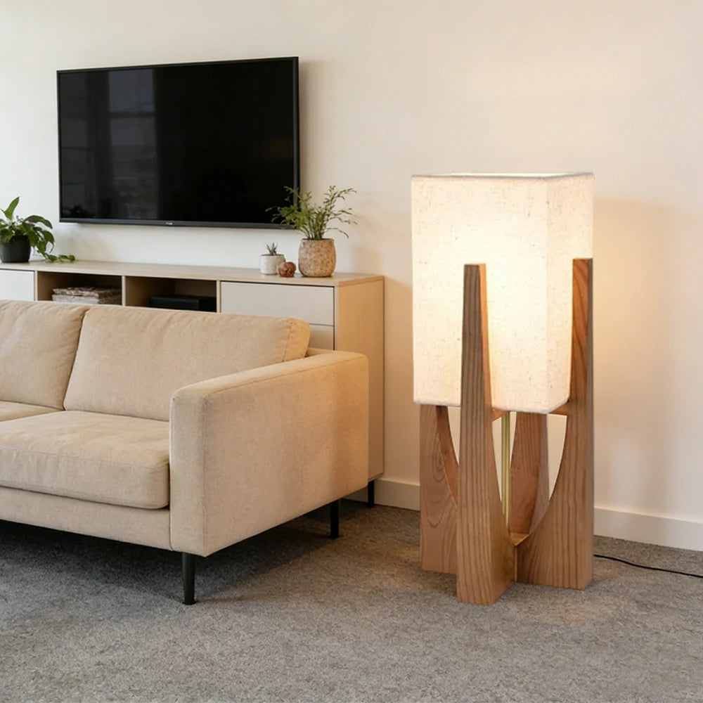 LIVARA Floor Lamp 52/82/145cm Soft Lighting Cotton-Linen Shade Ash Wood Body Brass Hardware Premium Design - Walnut