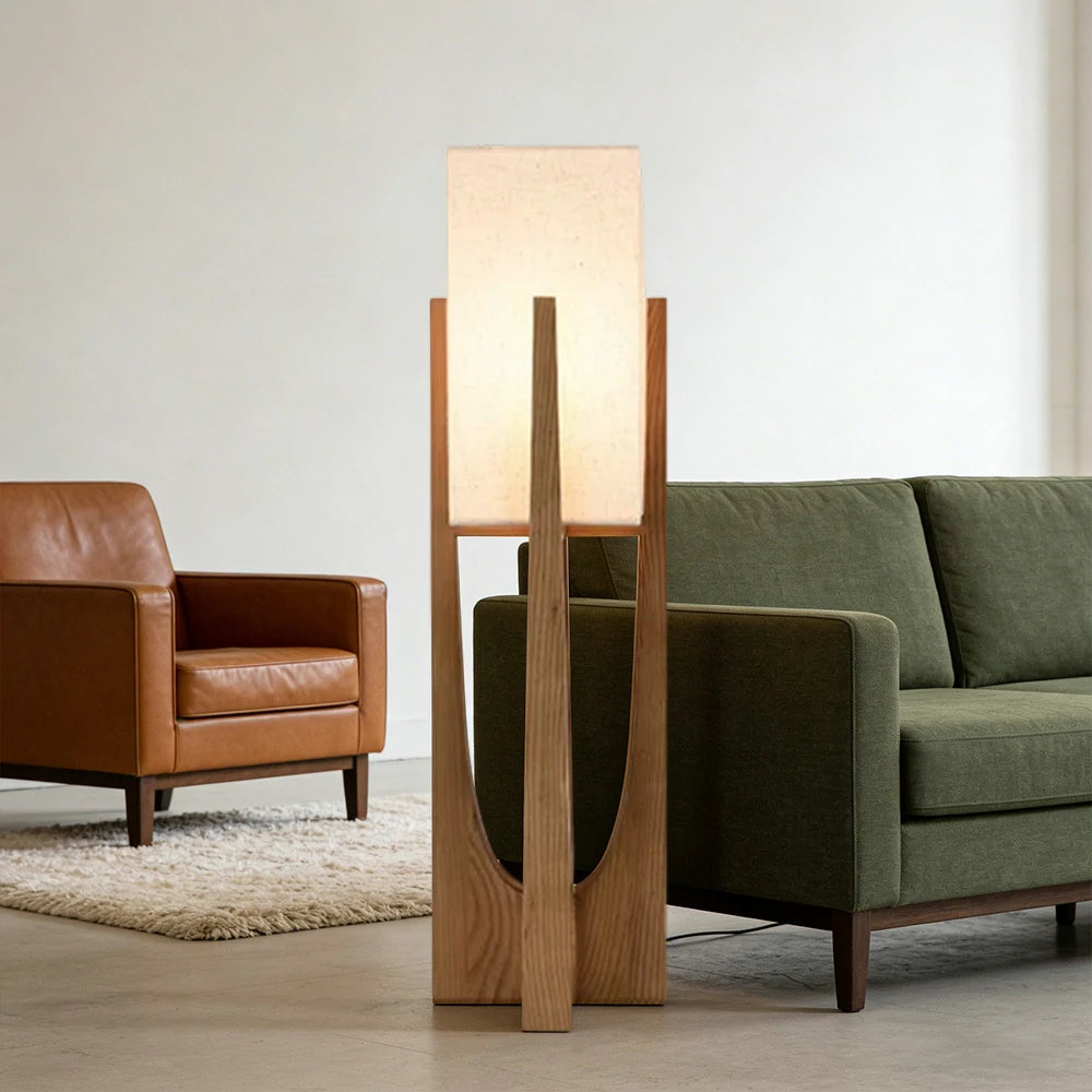 LIVARA Floor Lamp 52/82/145cm Soft Lighting Cotton-Linen Shade Ash Wood Body Brass Hardware Premium Design - Walnut
