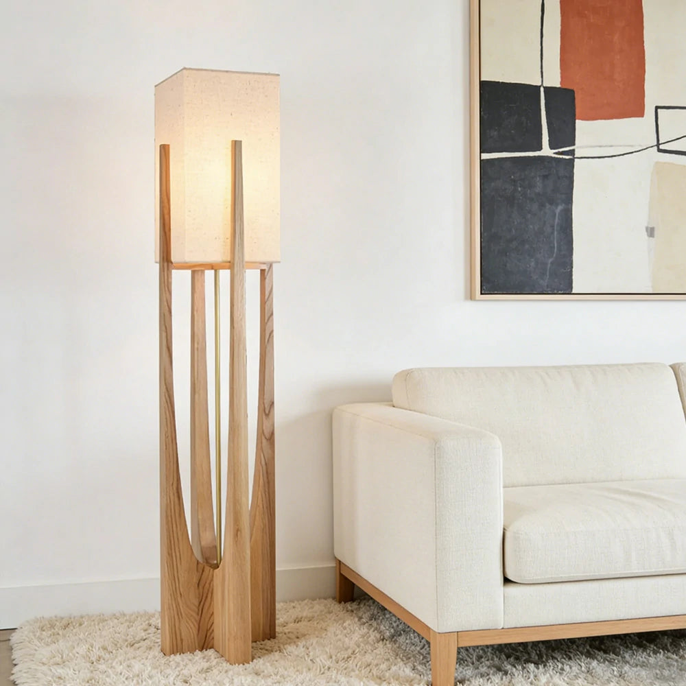 LIVARA Floor Lamp 52/82/145cm Soft Lighting Cotton-Linen Shade Ash Wood Body Brass Hardware Premium Design - Wood