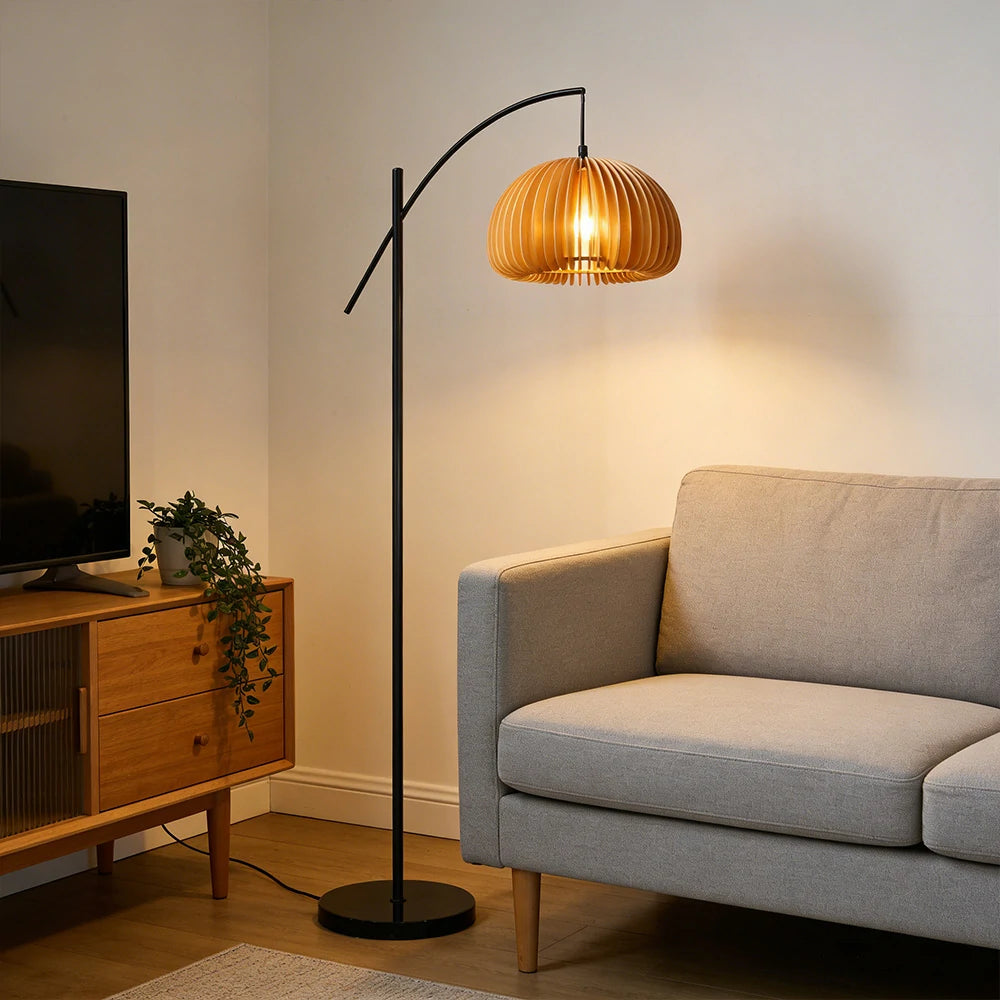 LIVARA Floor Lamp Soft Ambient Lighting Pumpkin-Style Shade Metal & Marble Base Premium Design - Black