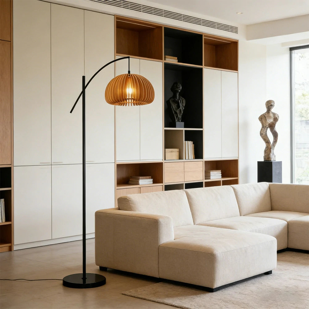 LIVARA Floor Lamp Soft Ambient Lighting Pumpkin-Style Shade Metal & Marble Base Premium Design - Black