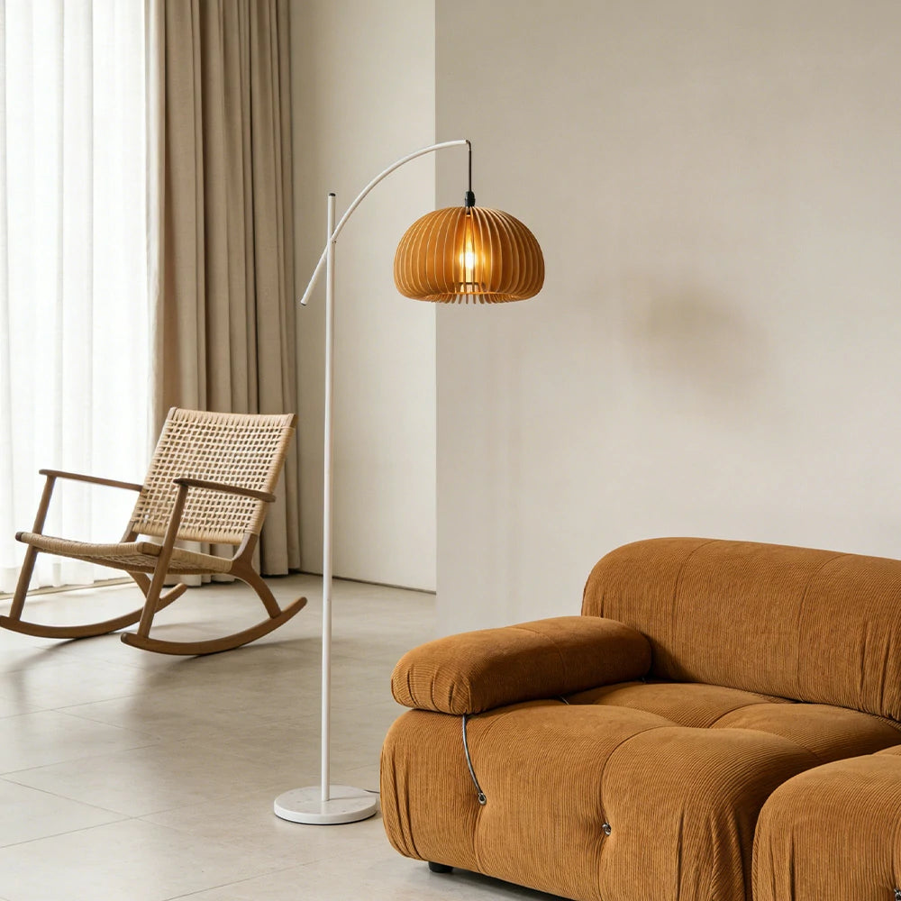 LIVARA Floor Lamp Soft Ambient Lighting Pumpkin-Style Shade Metal & Marble Base Premium Design - White