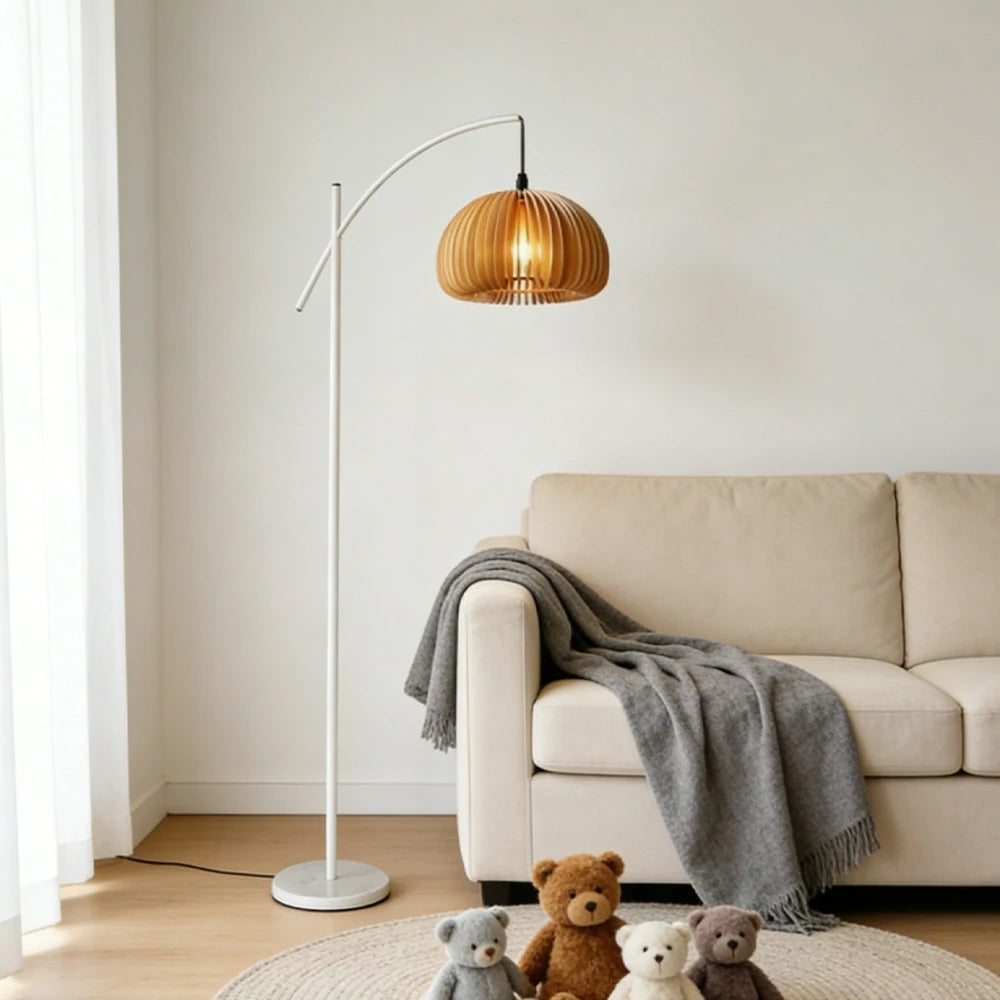 LIVARA Floor Lamp Soft Ambient Lighting Pumpkin-Style Shade Metal & Marble Base Premium Design - White