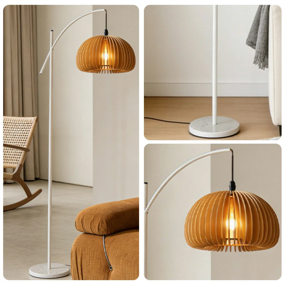 LIVARA Floor Lamp Soft Ambient Lighting Pumpkin-Style Shade Metal & Marble Base Premium Design - White