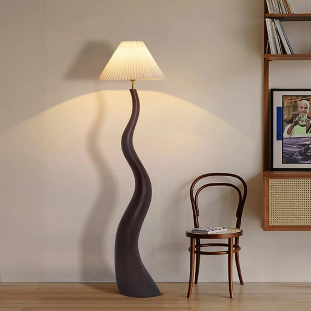 LIVARA Floor Lamp Adjustable Shade Soft Lighting Fabric & Resin Build Pleated Design - Walnut
