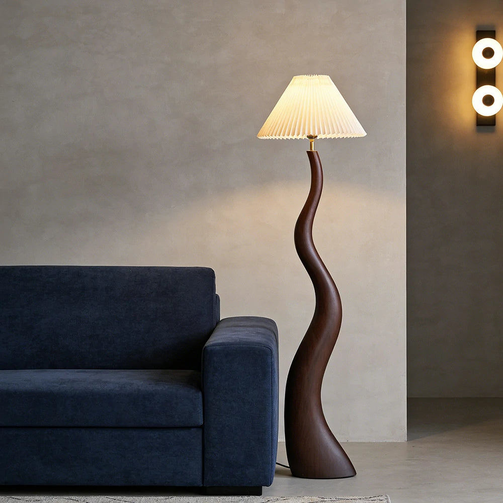 LIVARA Floor Lamp Adjustable Shade Soft Lighting Fabric & Resin Build Pleated Design - Walnut