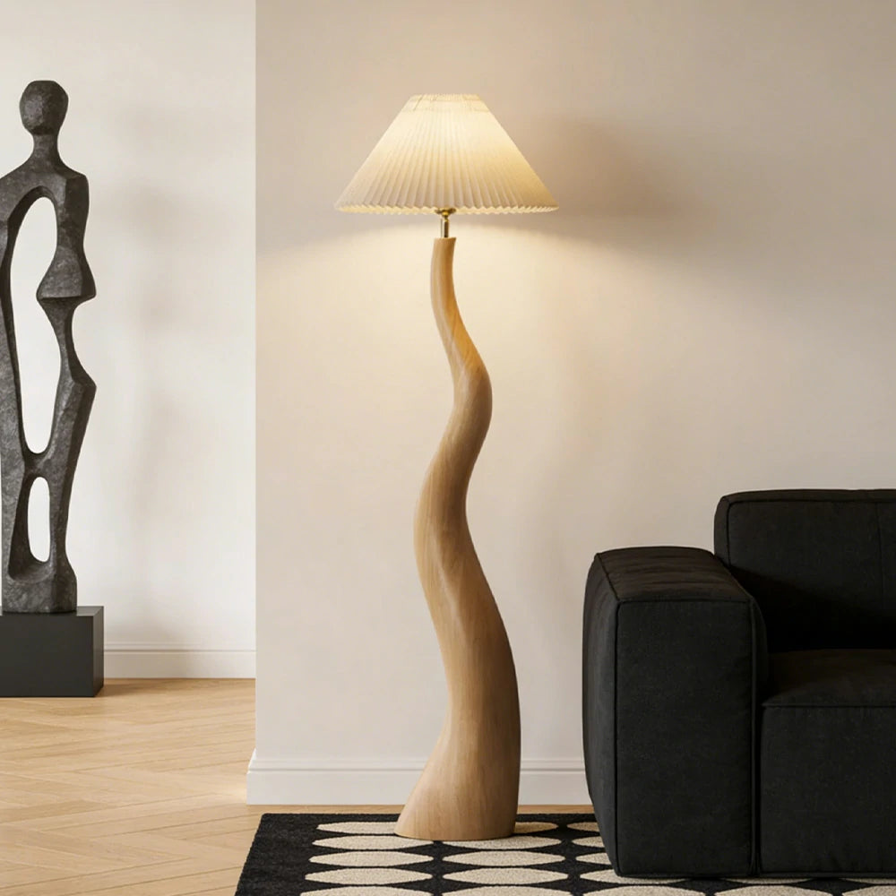 LIVARA Floor Lamp Adjustable Shade Soft Lighting Fabric & Resin Build Pleated Design - Wood
