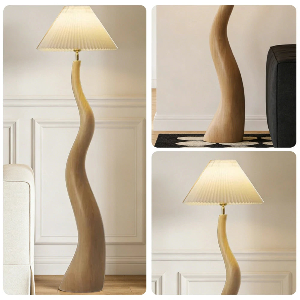 LIVARA Floor Lamp Adjustable Shade Soft Lighting Fabric & Resin Build Pleated Design - Wood