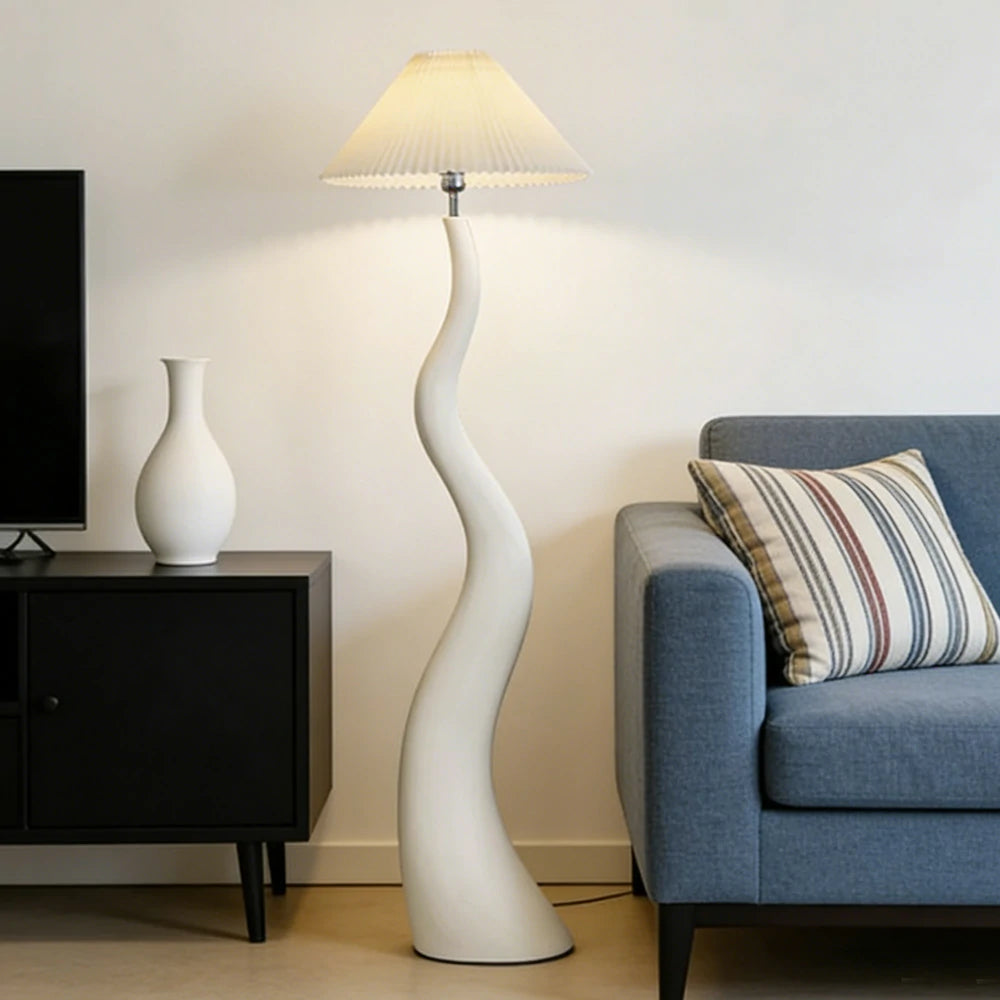 LIVARA Floor Lamp Adjustable Shade Soft Lighting Fabric & Resin Build Pleated Design - White