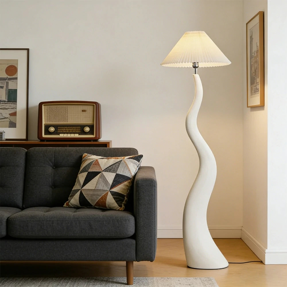LIVARA Floor Lamp Adjustable Shade Soft Lighting Fabric & Resin Build Pleated Design - White