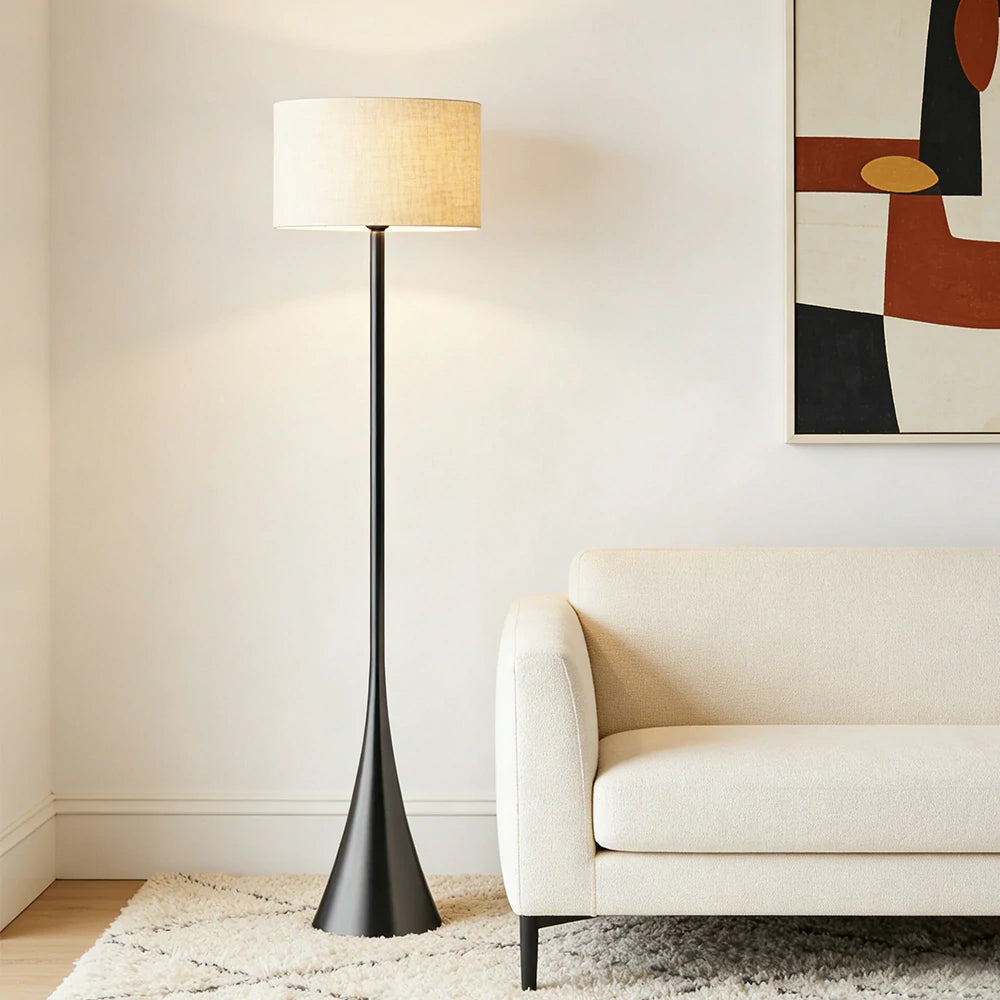 LIVARA Floor Lamp Three-Mode Lighting Vintage Fabric Shade Iron Base Triangular Stable Design