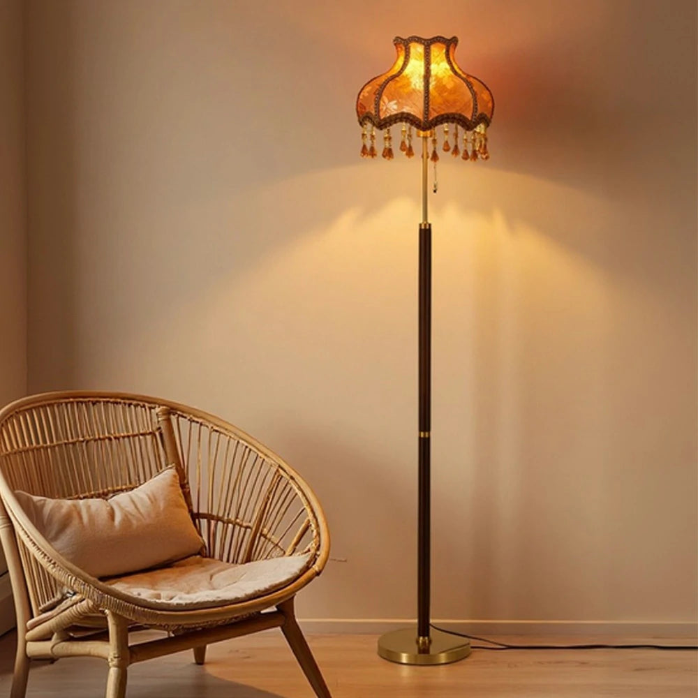 LIVARA Floor Lamp Soft Eye-Friendly Lighting Fabric Shade Brass Body Walnut Grain Base