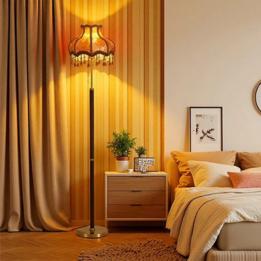 LIVARA Floor Lamp Soft Eye-Friendly Lighting Fabric Shade Brass Body Walnut Grain Base