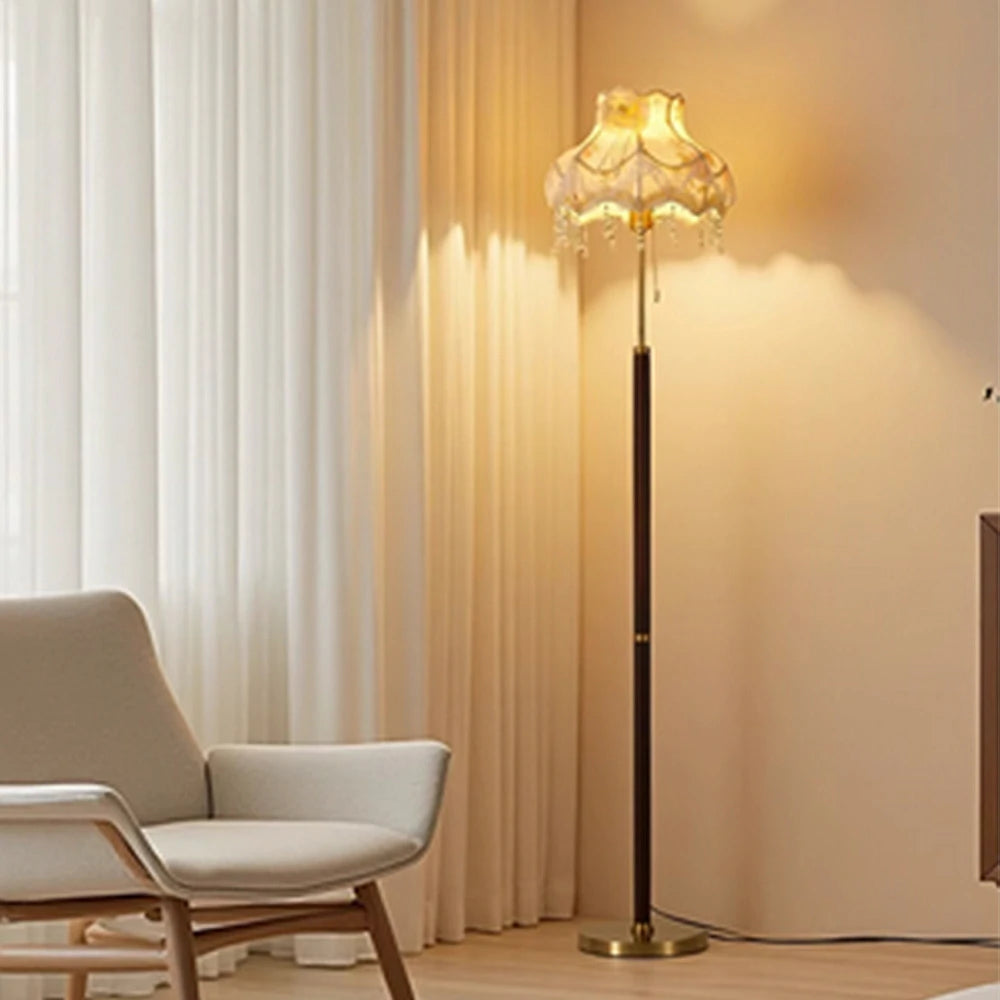 LIVARA Floor Lamp Soft Eye-Care Light Fabric Shade Brass Frame Walnut-Tone Base Versatile Home Decor