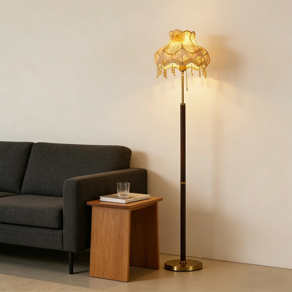 LIVARA Floor Lamp Soft Eye-Care Light Fabric Shade Brass Frame Walnut-Tone Base Versatile Home Decor