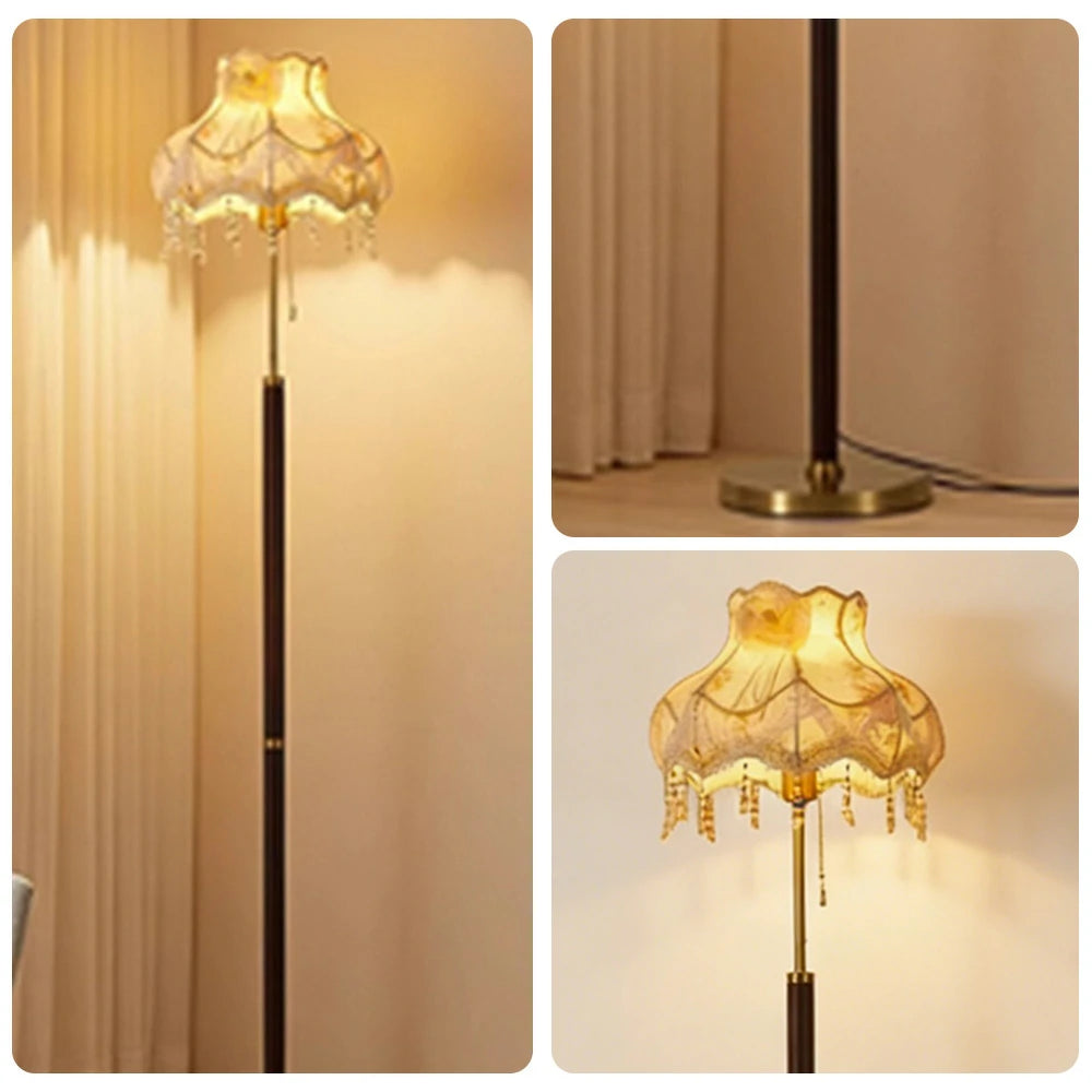 LIVARA Floor Lamp Soft Eye-Care Light Fabric Shade Brass Frame Walnut-Tone Base Versatile Home Decor