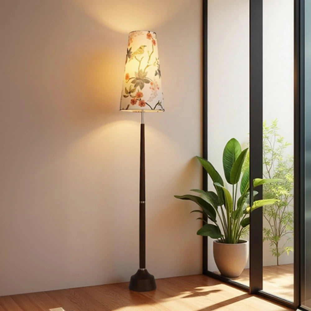 LIVARA Floor Lamp Soft Eye-Friendly Lighting Floral Fabric Shade Walnut-Tone Base Foot Switch Design