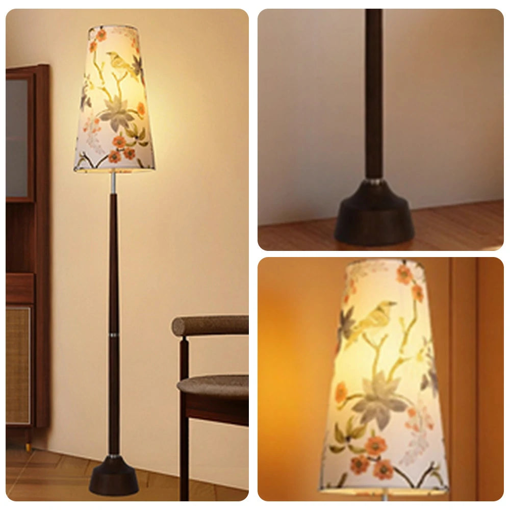 LIVARA Floor Lamp Soft Eye-Friendly Lighting Floral Fabric Shade Walnut-Tone Base Foot Switch Design