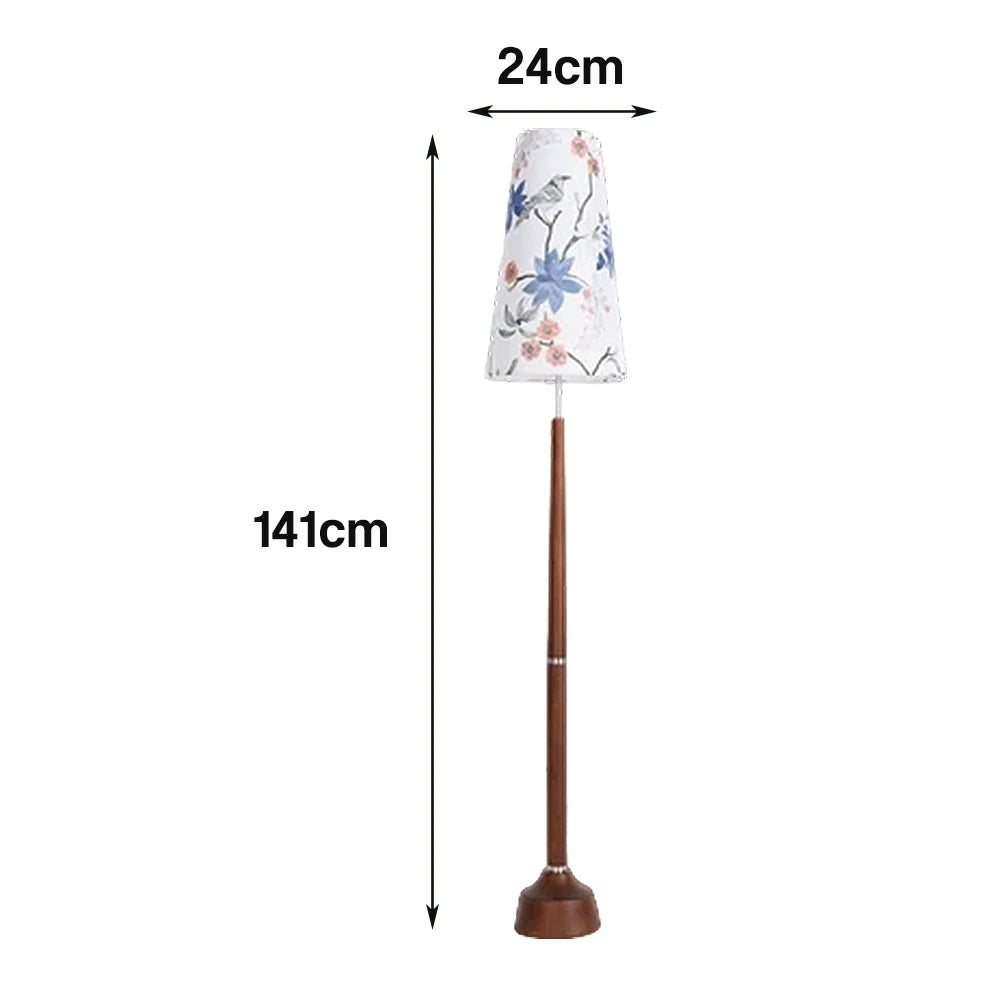 LIVARA Floor Lamp Soft Eye-Friendly Lighting Floral Fabric Shade Walnut-Tone Base Foot Switch Design