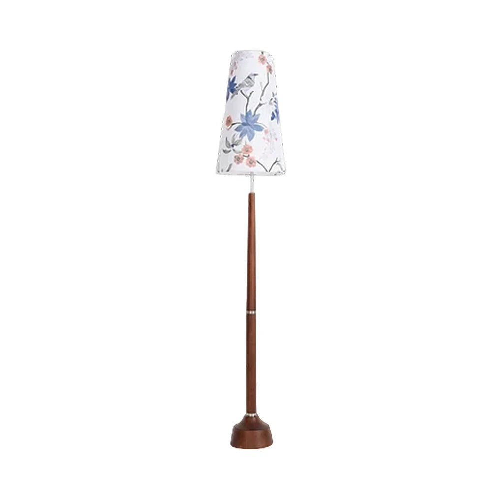 LIVARA Floor Lamp Soft Eye-Friendly Lighting Floral Fabric Shade Walnut-Tone Base Foot Switch Design