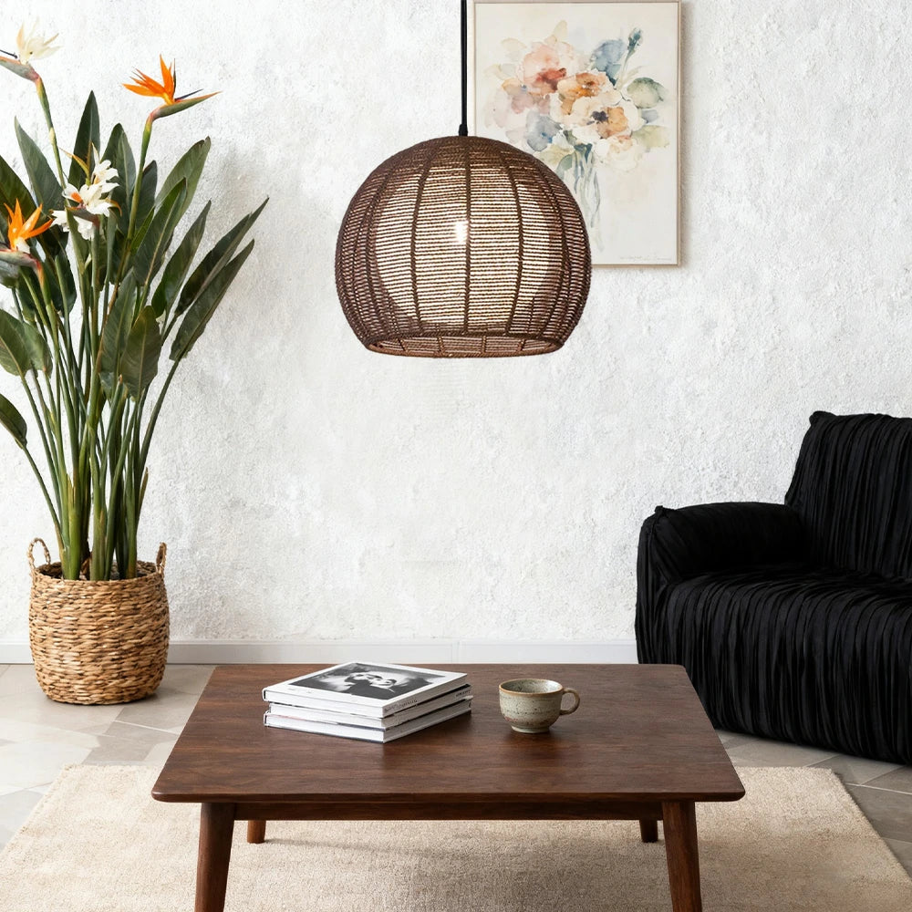 LIVARA 30/36/50cm Hemp Rope Pendant Light, Handcrafted Round Lampshade with E27 Bulb Included Creative Woven Desig - Coffee
