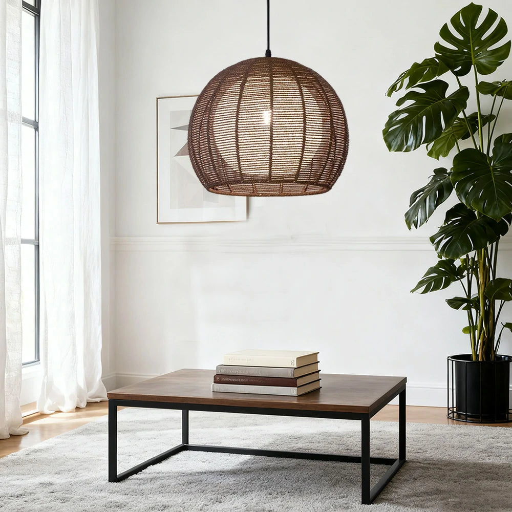 LIVARA 30/36/50cm Hemp Rope Pendant Light, Handcrafted Round Lampshade with E27 Bulb Included Creative Woven Desig - Coffee