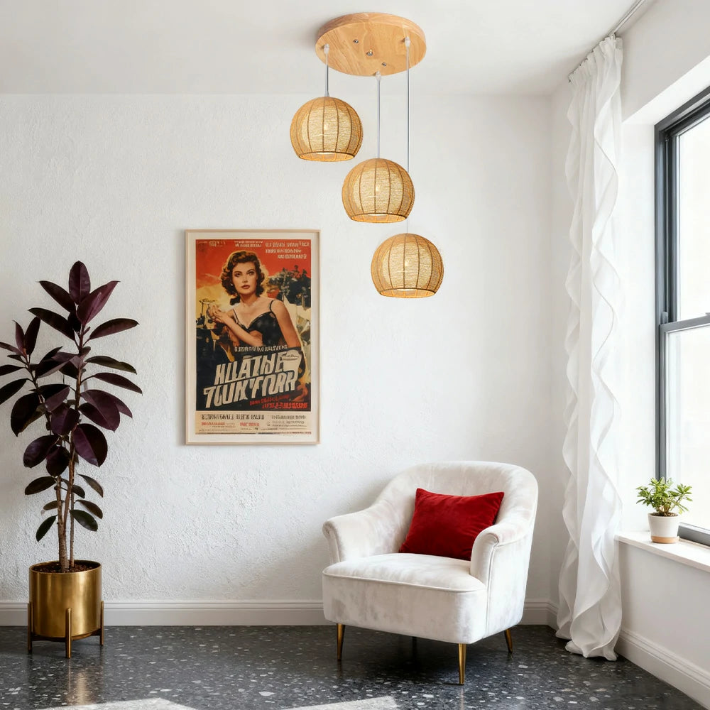 LIVARA 30cm 3/6-Head Hemp Rope Pendant Light, Handcrafted Round Lampshade with E27 Bulb Holder, Natural Woven Ceiling Lighting for Living & Dining Rooms - Wood Finish