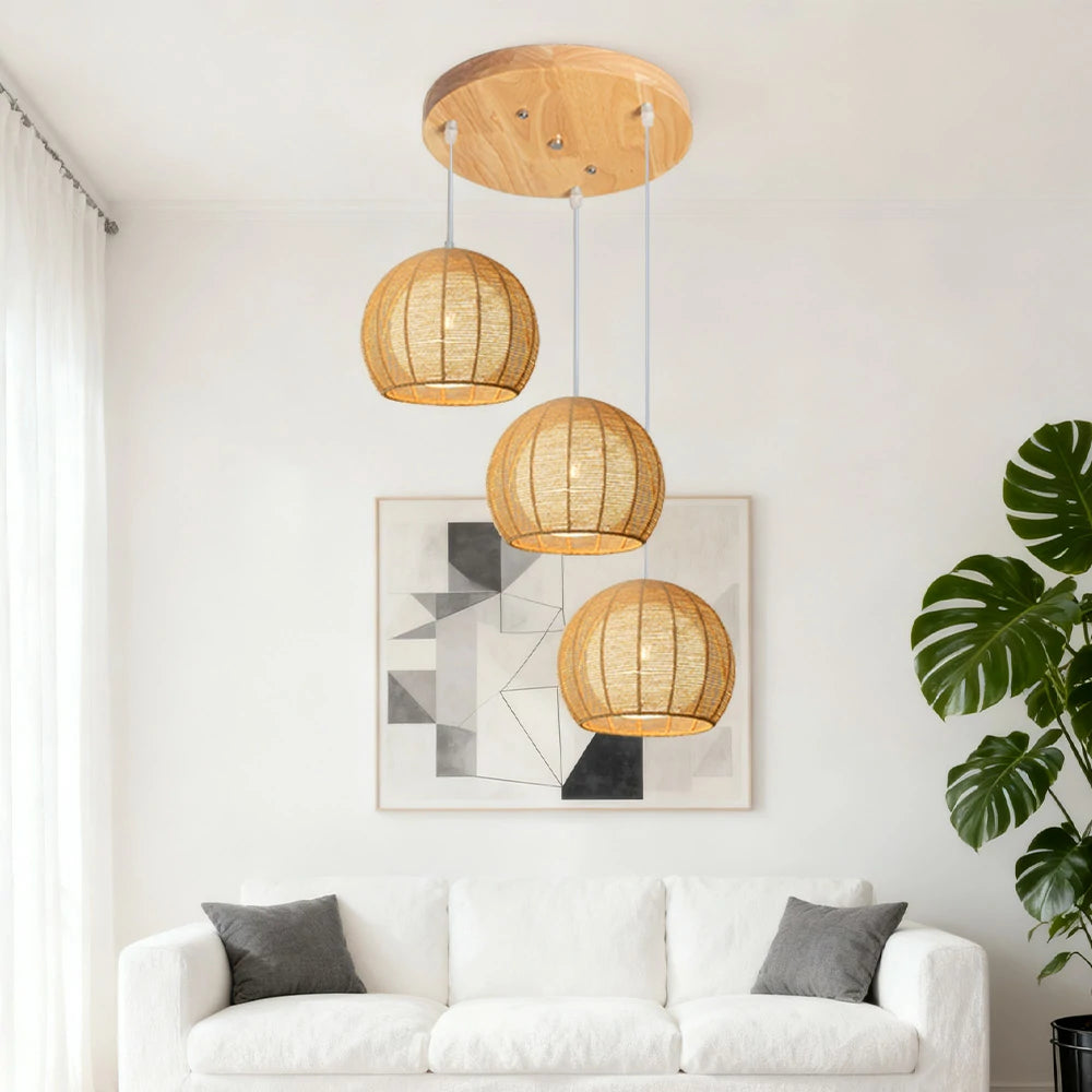 LIVARA 30cm 3/6-Head Hemp Rope Pendant Light, Handcrafted Round Lampshade with E27 Bulb Holder, Natural Woven Ceiling Lighting for Living & Dining Rooms - Wood Finish