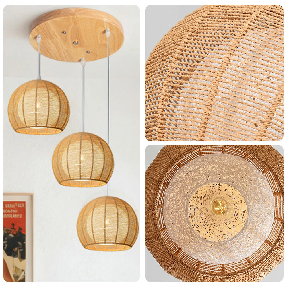 LIVARA 30cm 3/6-Head Hemp Rope Pendant Light, Handcrafted Round Lampshade with E27 Bulb Holder, Natural Woven Ceiling Lighting for Living & Dining Rooms - Wood Finish