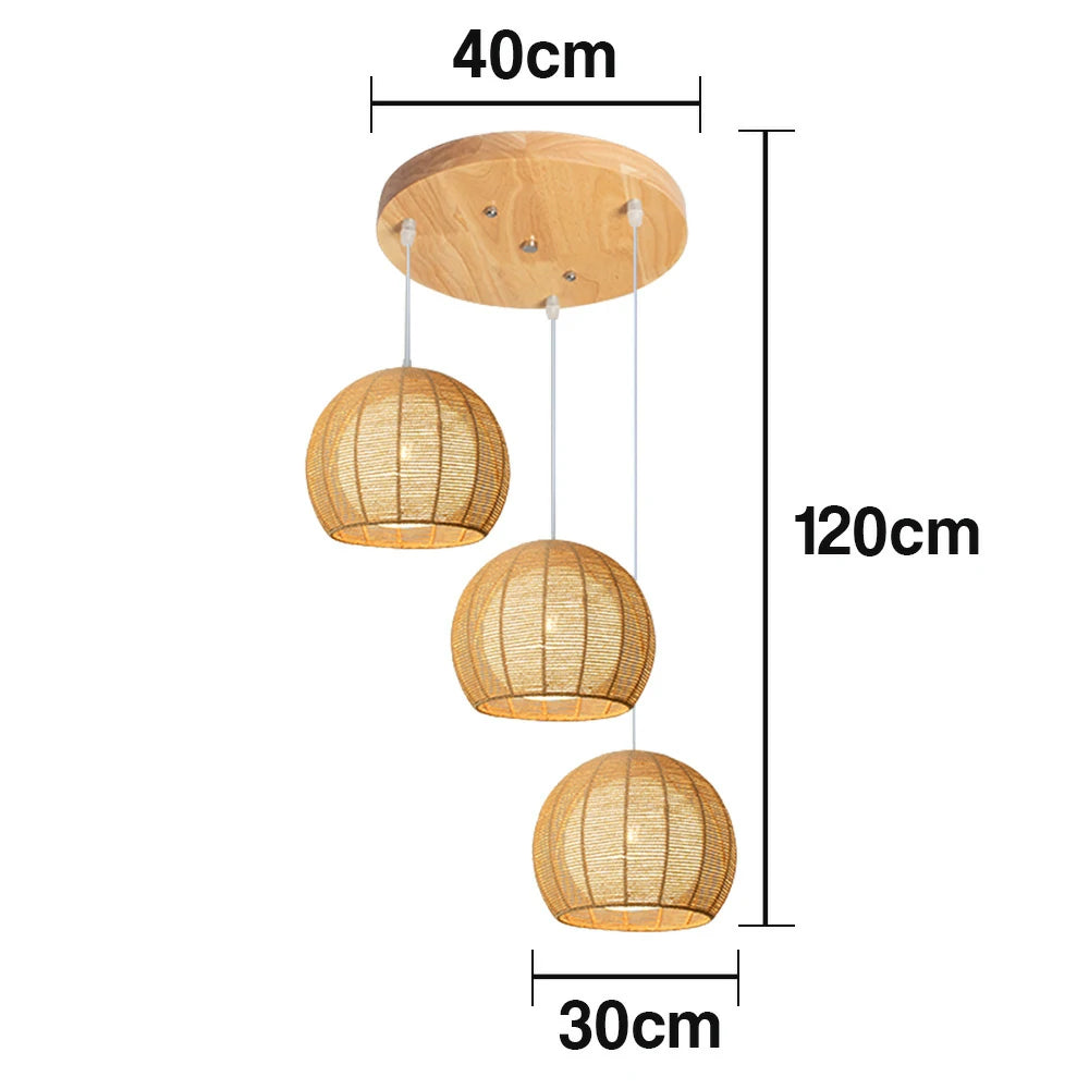 LIVARA 30cm 3/6-Head Hemp Rope Pendant Light, Handcrafted Round Lampshade with E27 Bulb Holder, Natural Woven Ceiling Lighting for Living & Dining Rooms - Wood Finish