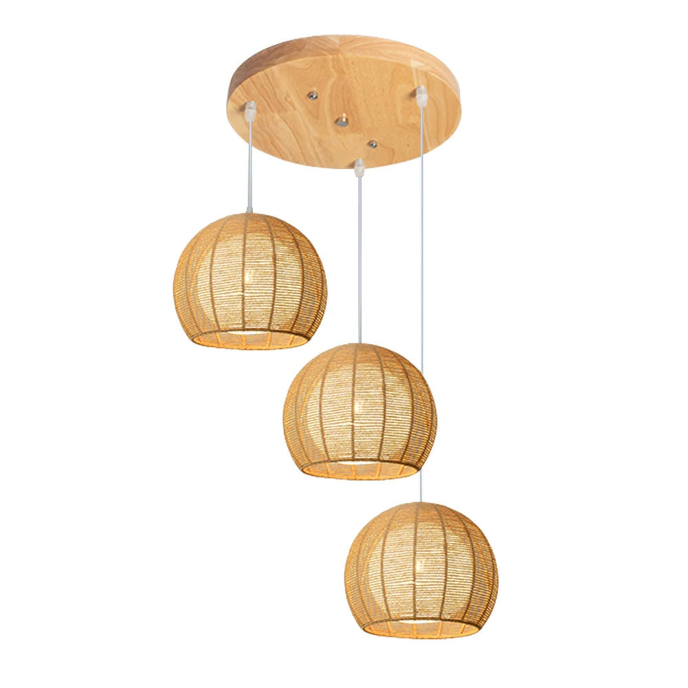LIVARA 30cm 3/6-Head Hemp Rope Pendant Light, Handcrafted Round Lampshade with E27 Bulb Holder, Natural Woven Ceiling Lighting for Living & Dining Rooms - Wood Finish