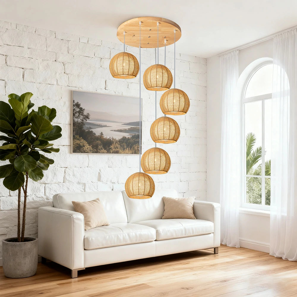 LIVARA 30cm 3/6-Head Hemp Rope Pendant Light, Handcrafted Round Lampshade with E27 Bulb Holder, Natural Woven Ceiling Lighting for Living & Dining Rooms - Wood Finish