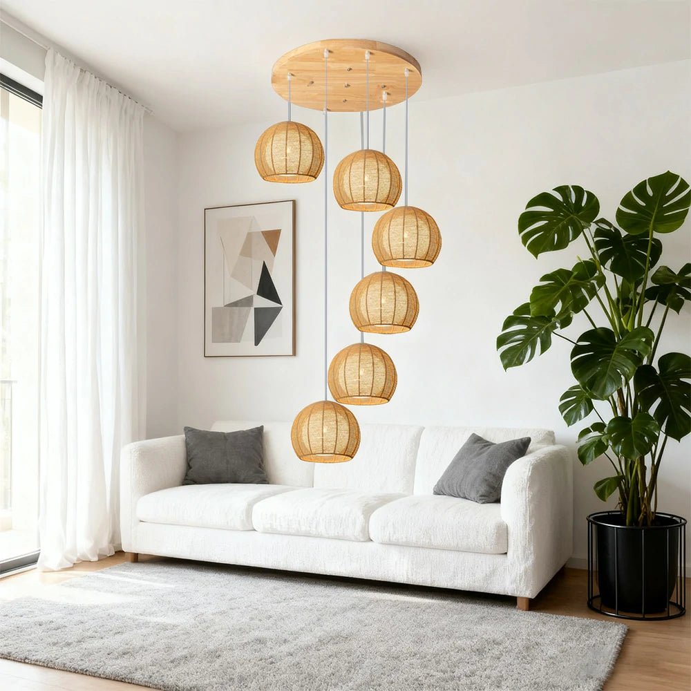 LIVARA 30cm 3/6-Head Hemp Rope Pendant Light, Handcrafted Round Lampshade with E27 Bulb Holder, Natural Woven Ceiling Lighting for Living & Dining Rooms - Wood Finish